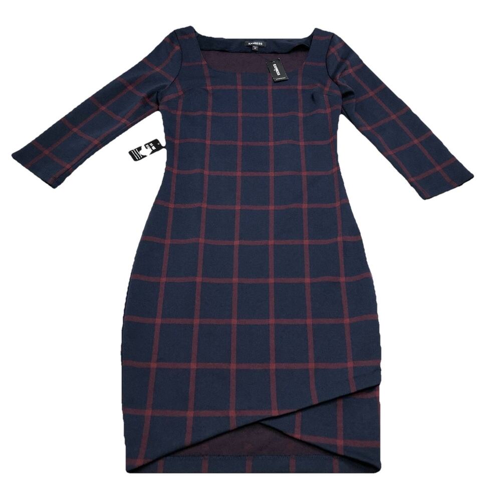Express Plaid Square Neck Sheath Dress Navy Blue Red Windowpane Check Midi XS